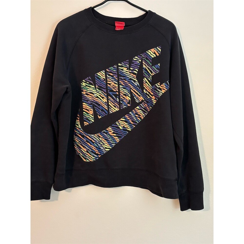Vintage Y2K Nike Black Crewneck Sweatshirt with Multicolor Zebra Swoosh Large